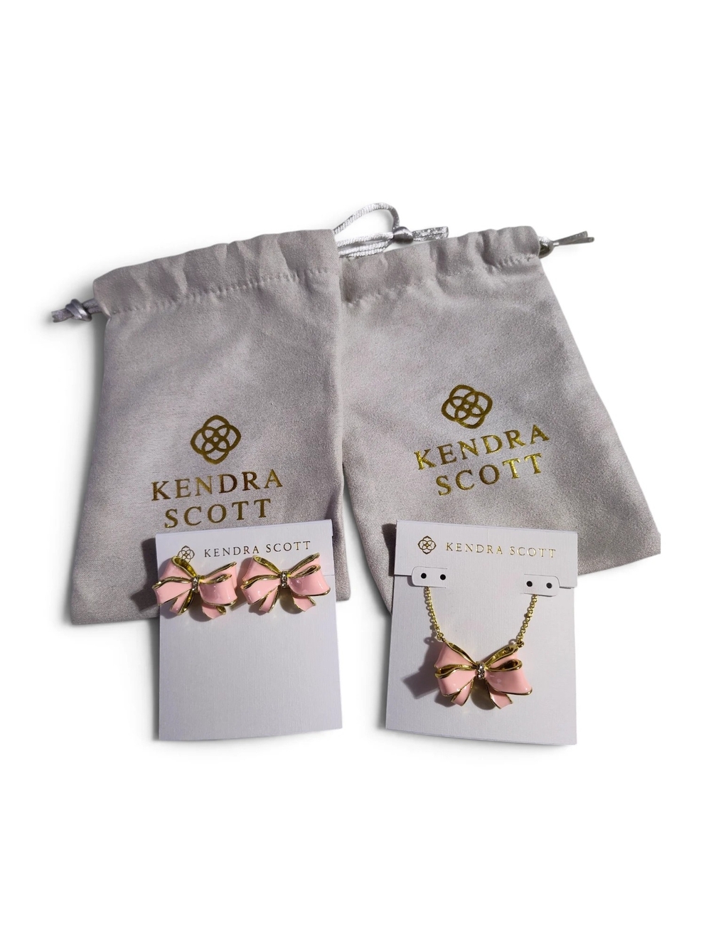 🆕️ Kendra Scott X LoveShackFancy Pink Bow Necklace & Earrings Set Gold Plating - Picture 2 of 8